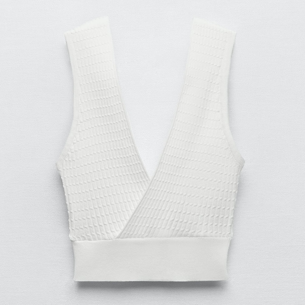 Zara Knit Tank, Off-White Sleeveless Crop Top, V-Neck Front and Back, Size: S